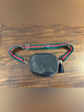DLP Divine Love Peace Black Woven Crossbody Bag with Green-Red Strap
